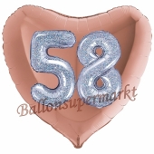 Herzluftballon Jumbo Zahl 58, rosegold-silber-holografisch mit 3D-Effekt zum 58. Geburtstag