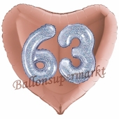 Herzluftballon Jumbo Zahl 63, rosegold-silber-holografisch mit 3D-Effekt zum 63. Geburtstag