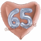 Herzluftballon Jumbo Zahl 65, rosegold-silber-holografisch mit 3D-Effekt zum 65. Geburtstag
