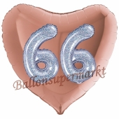 Herzluftballon Jumbo Zahl 66, rosegold-silber-holografisch mit 3D-Effekt zum 66. Geburtstag