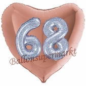 Herzluftballon Jumbo Zahl 68, rosegold-silber-holografisch mit 3D-Effekt zum 68. Geburtstag