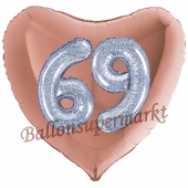 Herzluftballon Jumbo Zahl 69, rosegold-silber-holografisch mit 3D-Effekt zum 69. Geburtstag