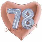 Herzluftballon Jumbo Zahl 78, rosegold-silber-holografisch mit 3D-Effekt zum 78. Geburtstag