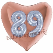 Herzluftballon Jumbo Zahl 89, rosegold-silber-holografisch mit 3D-Effekt zum 89. Geburtstag