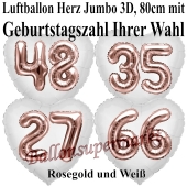 Luftballon Herz Jumbo mit Zahl nach Wahl, rosegold mit 3D-Effekt zum Geburtstag