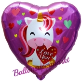 Love You Einhorn, Herzluftballon aus Folie inlusive Helium