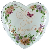 Just Married Heart Flowers Herzballon, Luftballon aus Folie zur Hochzeit