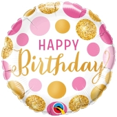 Geburtstags-Luftballon Pink & Gold Dots Happy Birthday, ohne Helium-Ballongas