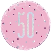 Luftballon aus Folie mit Helium, Pink & Silver Glitz Birthday 50, zum 50. Geburtstag