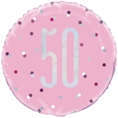 Luftballon zum 50. Geburtstag, Pink & Silver Glitz Birthday 50, ohne Helium-Ballongas