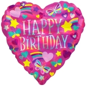 Holografischer Luftballon Rainbow Hearts Happy Birthday, ohne Helium