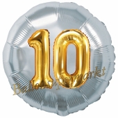 Runder Luftballon Jumbo Zahl 10, silber-gold mit 3D-Effekt zum 10. Geburtstag