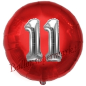 Runder Luftballon Jumbo Zahl 11, rot-silber mit 3D-Effekt zum 11. Geburtstag