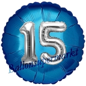 Runder Luftballon Jumbo Zahl 15, blau-silber mit 3D-Effekt zum 15. Geburtstag