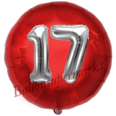 Runder Luftballon Jumbo Zahl 17, rot-silber mit 3D-Effekt zum 17. Geburtstag