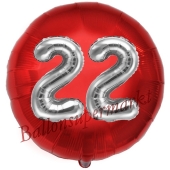 Runder Luftballon Jumbo Zahl 22, rot-silber mit 3D-Effekt zum 22. Geburtstag