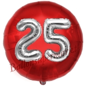 Runder Luftballon Jumbo Zahl 25, rot-silber mit 3D-Effekt zum 25. Geburtstag