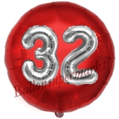 Runder Luftballon Jumbo Zahl 32, rot-silber mit 3D-Effekt zum 32. Geburtstag