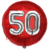 Runder Luftballon Jumbo Zahl 50, rot-silber mit 3D-Effekt zum 50. Geburtstag