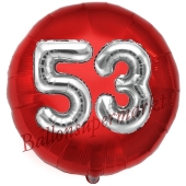 Runder Luftballon Jumbo Zahl 53, rot-silber mit 3D-Effekt zum 53. Geburtstag