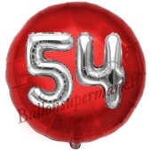 Runder Luftballon Jumbo Zahl 54, rot-silber mit 3D-Effekt zum 54. Geburtstag