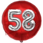 Runder Luftballon Jumbo Zahl 58, rot-silber mit 3D-Effekt zum 58. Geburtstag