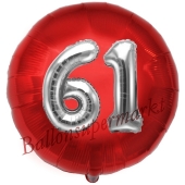 Runder Luftballon Jumbo Zahl 61, rot-silber mit 3D-Effekt zum 61. Geburtstag