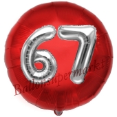 Runder Luftballon Jumbo Zahl 67, rot-silber mit 3D-Effekt zum 67. Geburtstag