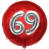 Runder Luftballon Jumbo Zahl 69, rot-silber mit 3D-Effekt zum 69. Geburtstag