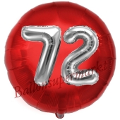 Runder Luftballon Jumbo Zahl 72, rot-silber mit 3D-Effekt zum 72. Geburtstag