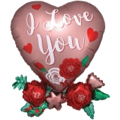 Luftballon aus Folie, I Love You, Satin Heart with Flowers ohne Helium