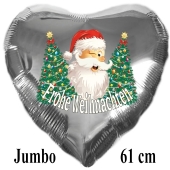 Jumbo Herzluftballon aus Folie, silber, Weihnachtsmann mit Weihnachtsbäumen, Frohe Weihnachten mit Helium