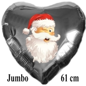 Jumbo Folienballon Weihnachtsmann zwinkert, 61 cm Herz, silber, ohne Helium/Ballongas