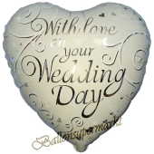 Luftballon aus Folie, Herz mit Ornamenten, With love on your Wedding Day, ohne Helium