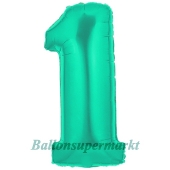 Zahl 1, Aquamarin, Luftballon aus Folie, 100 cm