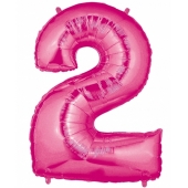 Zahlendekoration Zahl 2, Rosa, Großer Luftballon aus Folie, Blau, 1 Meter hoch, Folienballon Dekozahl
