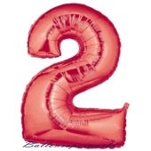Zahl 2, Rot, Luftballon aus Folie, 100 cm
