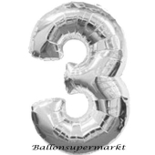 Zahlendekoration Zahl 3, Silber, Großer Luftballon aus Folie, Blau, 1 Meter hoch, Folienballon Dekozahl