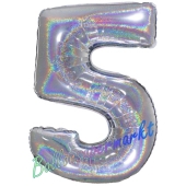 Zahl 5, holografisch, Silber, Luftballon aus Folie, 100 cm