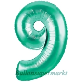 Zahlendekoration Zahl 9, Aquamarin, Folienballon Dekozahl ohne Helium