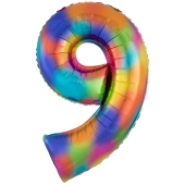 Zahlen Luftballon Zahl 9, Regenbogenfarben, Ballon aus Folie, Dekozahl ohne Helium