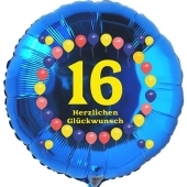 Luftballon aus Folie zum 16. Geburtstag, Herzlichen Glückwunsch Ballons 16, blau, ohne Ballongas