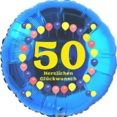 Luftballon aus Folie zum 50. Geburtstag, Herzlichen Glückwunsch Ballons 50, blau, ohne Ballongas