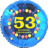 Luftballon aus Folie zum 53. Geburtstag, Herzlichen Glückwunsch Ballons 53, blau, ohne Ballongas