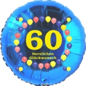 Luftballon aus Folie zum 60. Geburtstag, Herzlichen Glückwunsch Ballons 60, blau, ohne Ballongas