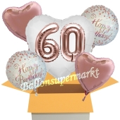 5 Luftballons zum 60. Geburtstag, Herz Jumbo 3D Sparkling Fizz Birthday Roségold 60