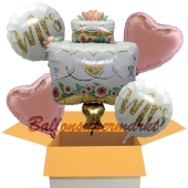 5 Hochzeitsballons, Mrs & Mrs Wedding Cake, inklusive Ballongas Helium