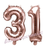 Zahlen-Luftballons aus Folie, Zahl 31 zum 31. Geburtstag und Jubiläum, Rosegold, 35 cm