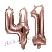 Zahlen-Luftballons aus Folie, Zahl 41 zum 41. Geburtstag und Jubiläum, Rosegold, 35 cm