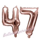 Zahlen-Luftballons aus Folie, Zahl 47 zum 47. Geburtstag und Jubiläum, Rosegold, 35 cm